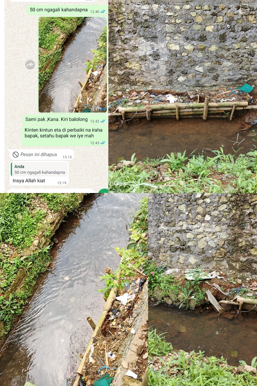 Warga Kp Palasari keluhkan Aliran air irigasi yang belum diperbaiki.